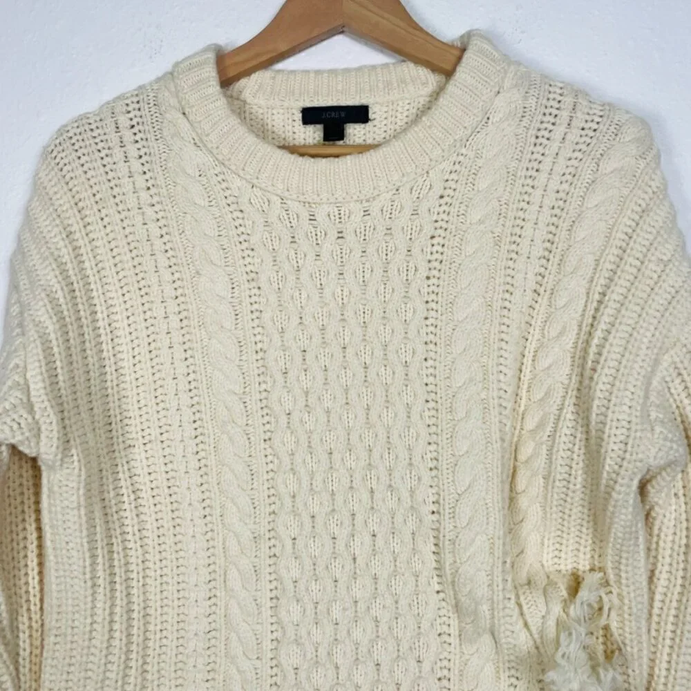 JCREW Cream Oversize Wool Blend Cable knit Fringe Asymmetrical Sweater Size: XS